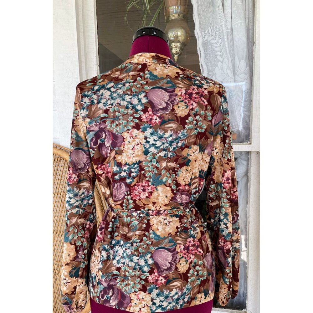 Vintage 1970s Floral Womens Belted Blouse Disco Size M - Picture 3 of 15